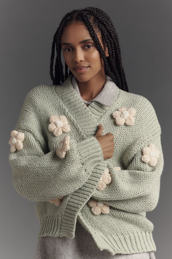 Slide View: 1: The Susannah 3D Flower Cardigan Sweater