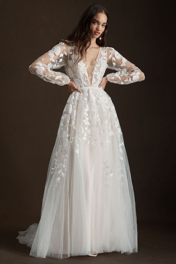 Slide View: 1: Willowby by Watters Olena Long-Sleeve Lace Wedding Gown