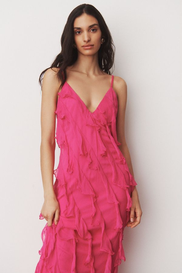 Slide View: 1: BHLDN Jia Bias-Cut Ruffled V-Neck Gown