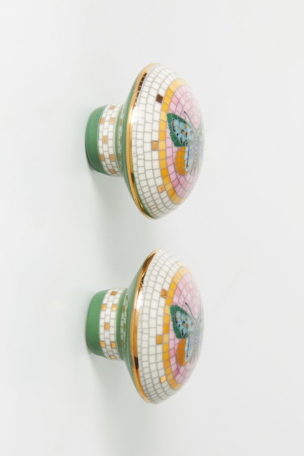 Slide View: 4: The Bistro Tile Stoneware Knobs, Set of 2: Garden Edition