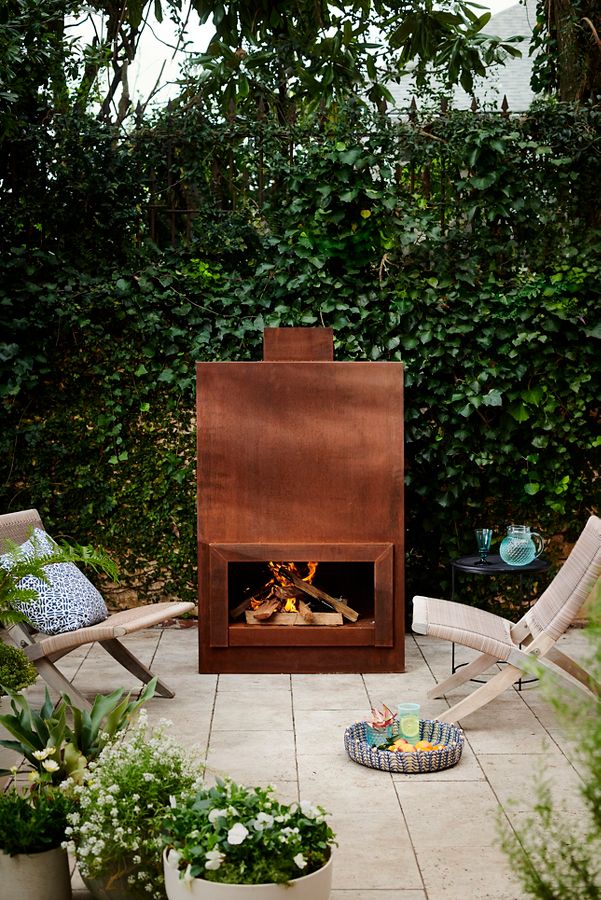 Slide View: 1: Weathering Steel Planed Outdoor Fireplace