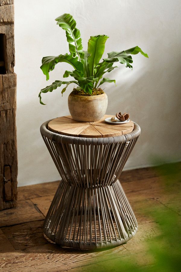 Slide View: 1: Woven Rope + Teak Side Table