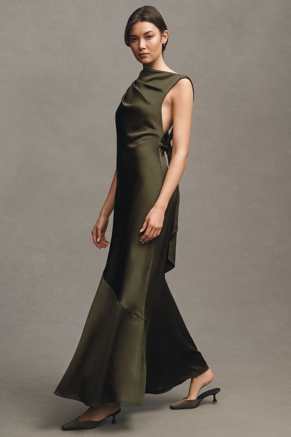 Slide View: 4: Significant Other Lana Cowl-Neck Tie-Back Satin Maxi Dress