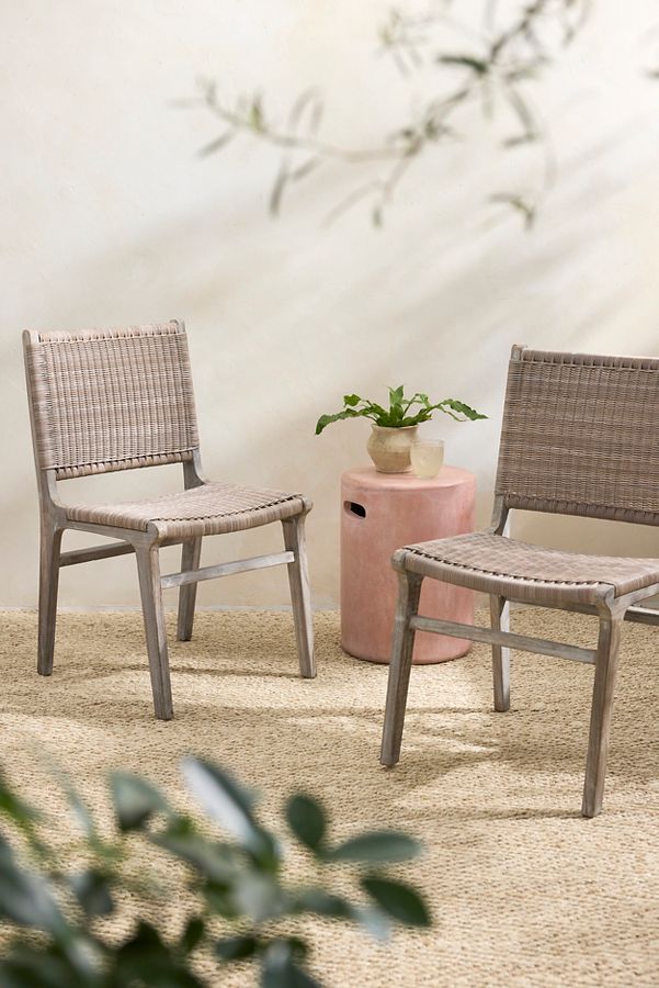 Slide View: 1: Wicker + Teak Side Chairs, Set of 2