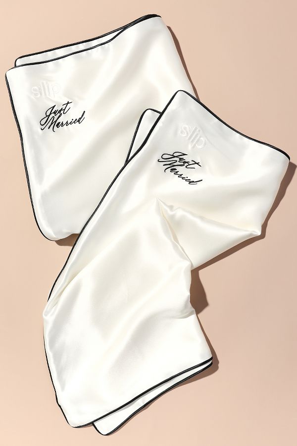 Slide View: 1: Slip Silk Just Married Queen Pillowcase Set