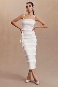 Slide View: 1: V. Chapman Lily Ruched & Ruffled Stretch Midi Dress