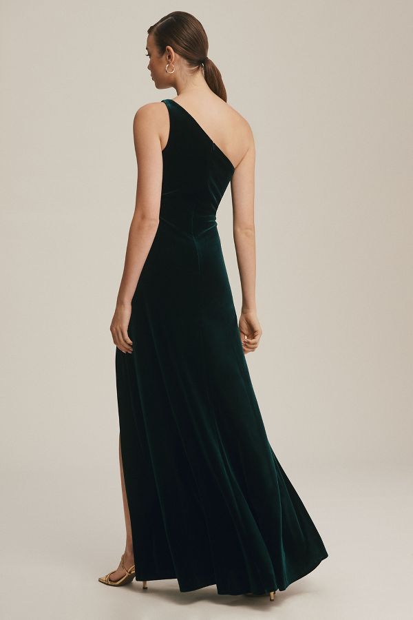 Slide View: 3: Jenny Yoo Cybill One-Shoulder Side-Slit Stretch Velvet Gown