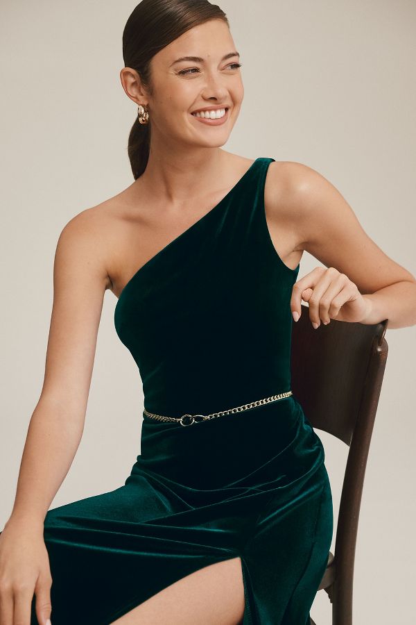 Slide View: 2: Jenny Yoo Cybill One-Shoulder Side-Slit Stretch Velvet Gown