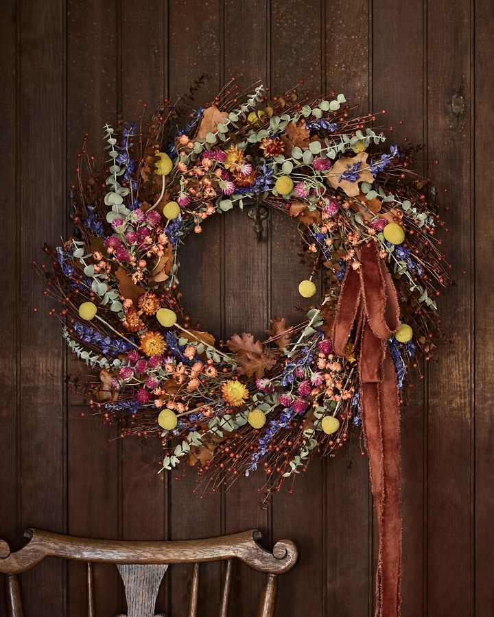 Slide View: 3: Preserved Flax, Daisy, Strawflower + Amaranthus Wreath