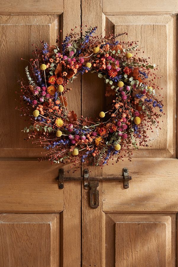 Slide View: 1: Preserved Flax, Daisy, Strawflower + Amaranthus Wreath