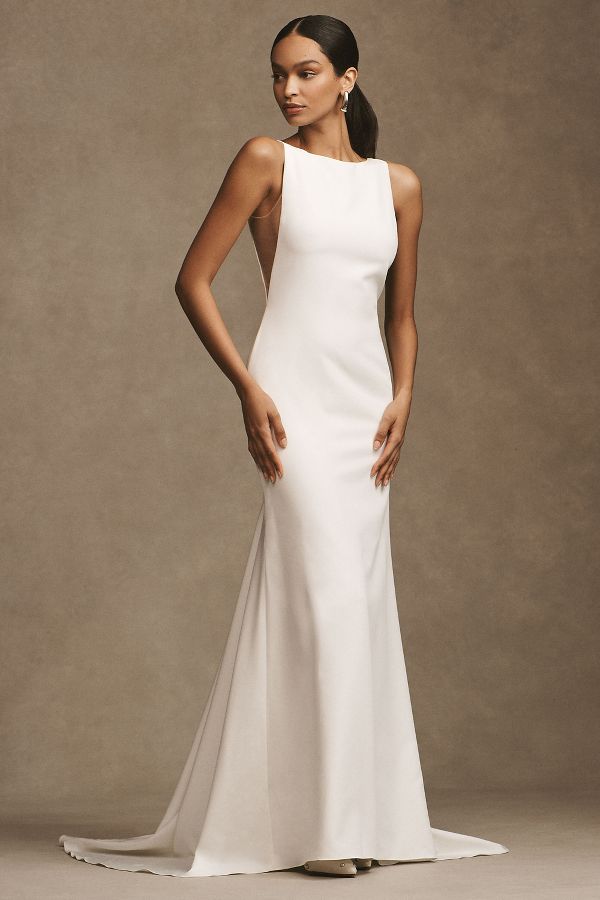 Slide View: 1: Watters Hyde Bateau-Neck Low-Back Trumpet Wedding Gown