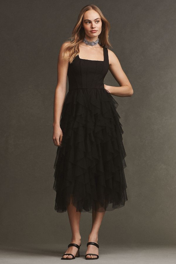 Slide View: 1: BHLDN Talia Square-Neck Corset Tulle Midi Dress