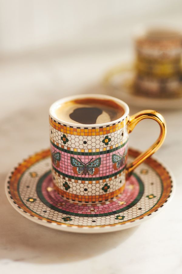 Slide View: 1: The Bistro Tile Stoneware Espresso Cup & Saucer: Garden Edition