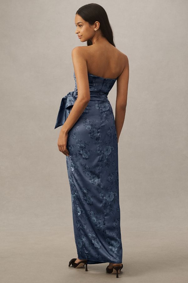 Slide View: 3: V. Chapman June Printed Corset Front-Slit Satin Gown