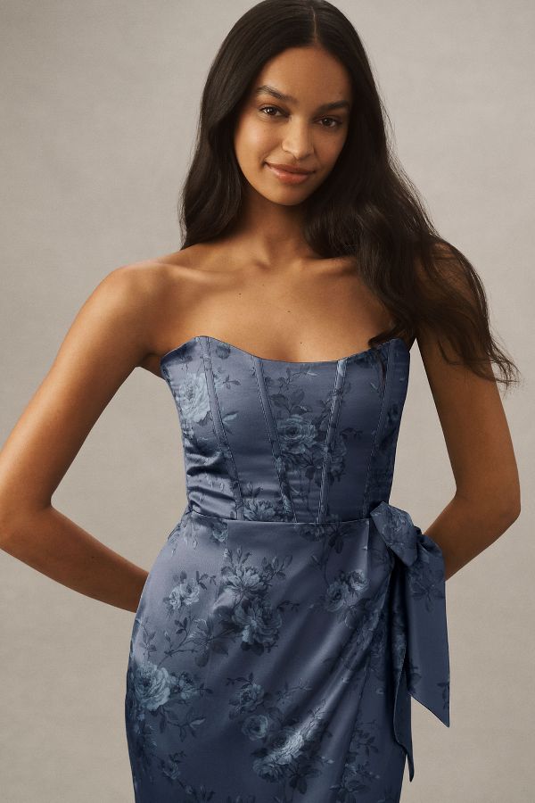 Slide View: 4: V. Chapman June Printed Corset Front-Slit Satin Gown