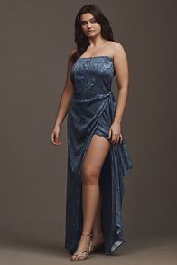 Slide View: 5: V. Chapman June Printed Corset Front-Slit Satin Gown