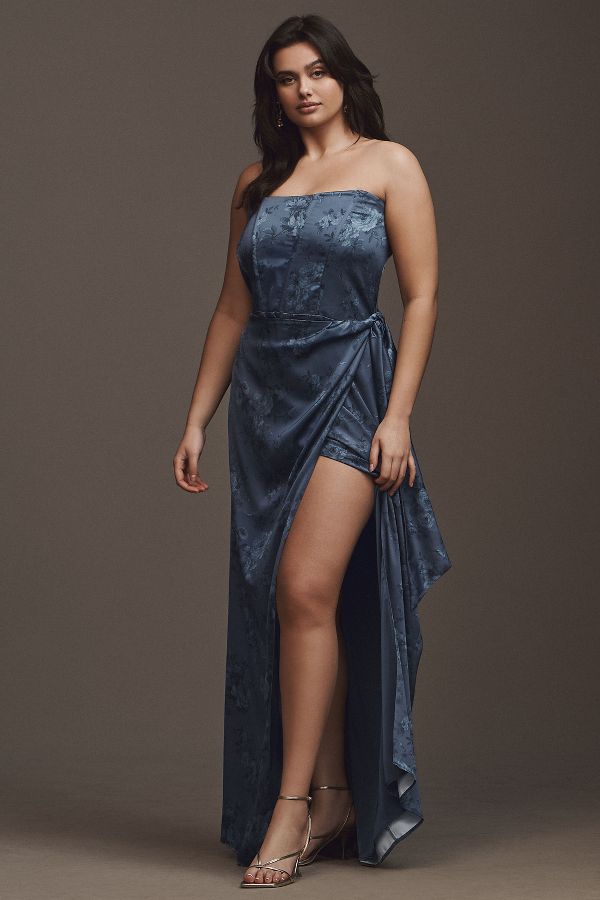 Slide View: 5: V. Chapman June Printed Corset Front-Slit Satin Gown