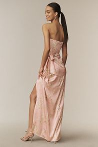 Slide View: 2: V. Chapman June Printed Corset Front-Slit Satin Gown