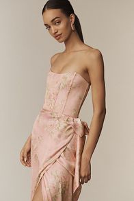 Slide View: 3: V. Chapman June Printed Corset Front-Slit Satin Gown