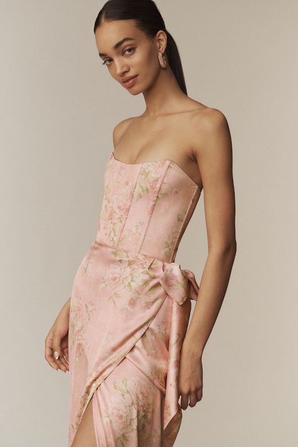 Slide View: 3: V. Chapman June Printed Corset Front-Slit Satin Gown