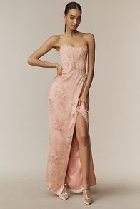 Slide View: 1: V. Chapman June Printed Corset Front-Slit Satin Gown