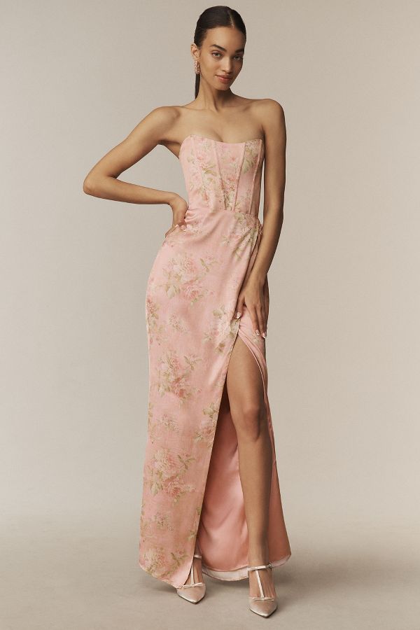 Slide View: 1: V. Chapman June Printed Corset Front-Slit Satin Gown