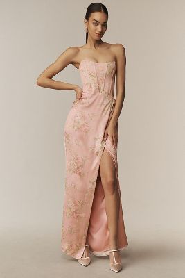 V. Chapman June Printed Corset Front-Slit Satin Gown