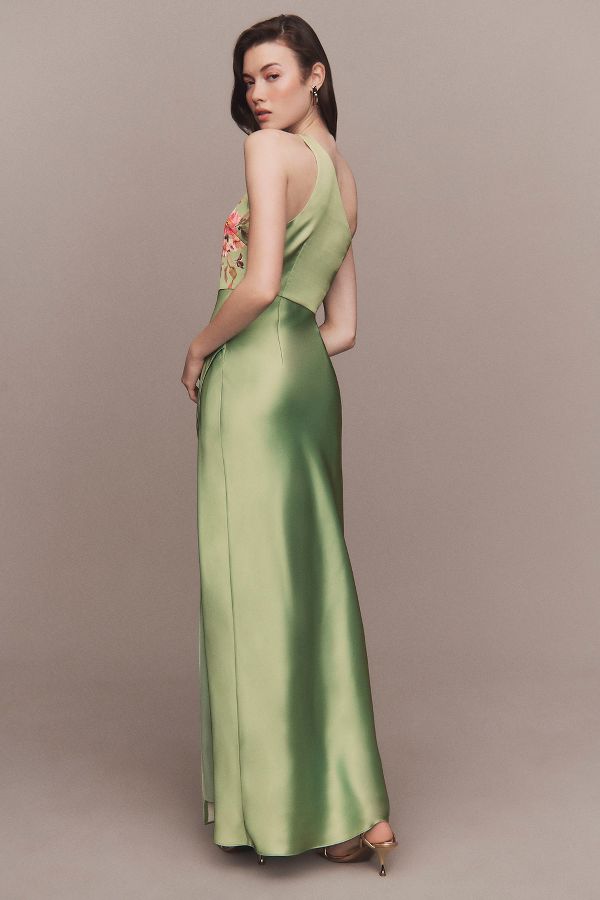 Slide View: 4: BHLDN Dylan Stretch Satin One-Shoulder Side-Slit Maxi Dress