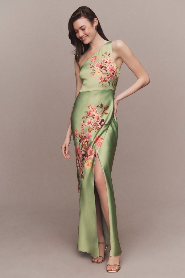 Slide View: 5: BHLDN Dylan Stretch Satin One-Shoulder Side-Slit Maxi Dress