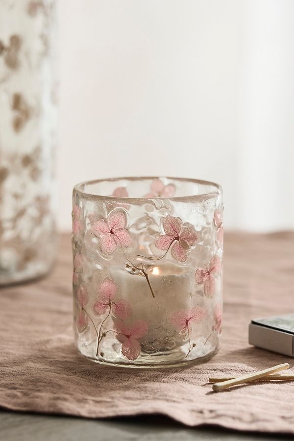 Slide View: 4: Pressed Hydrangea Glass Hurricane