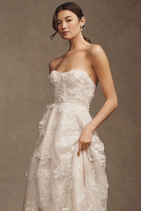 Slide View: 4: Watters Arien Strapless Corset Floral Appliqué A-Line Wedding Gown