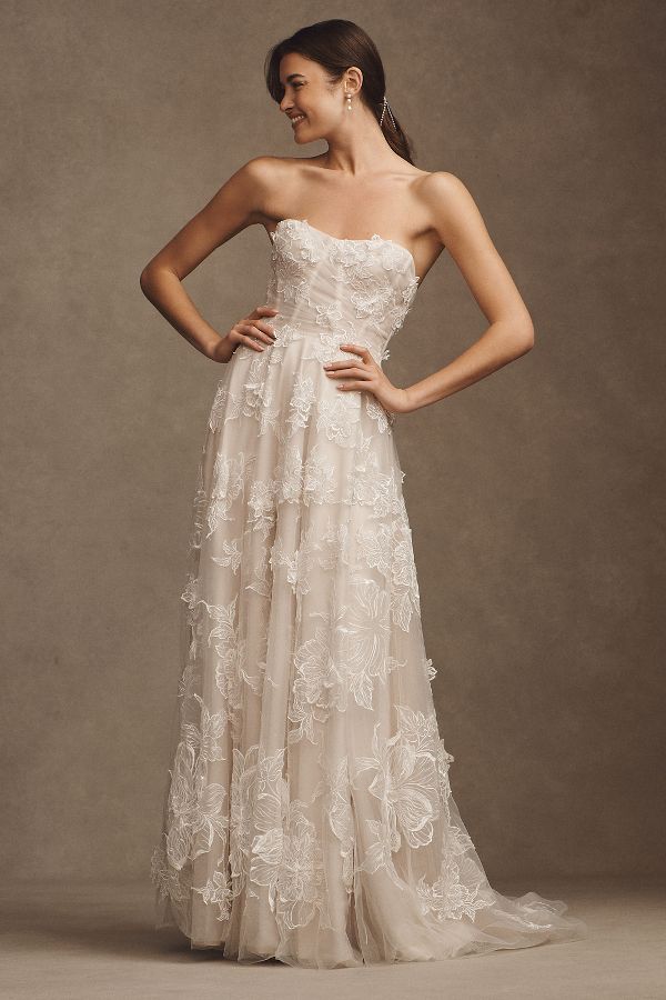 Slide View: 1: Watters Arien Strapless Corset Floral Appliqué A-Line Wedding Gown