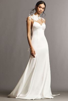 Bégum for Anthropologie Weddings Leonara V-Neck Floral Slip Satin Wedding Gown