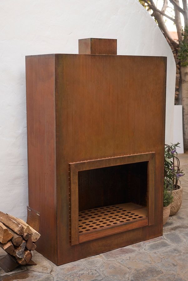 Slide View: 2: Weathering Steel Planed Outdoor Fireplace, Large