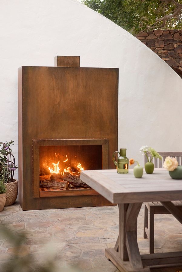 Slide View: 1: Weathering Steel Planed Outdoor Fireplace, Large