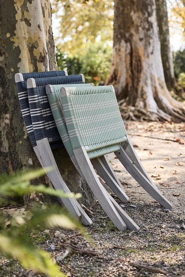 Slide View: 4: Folding Teak + Wicker Scissor Chair, Stripe