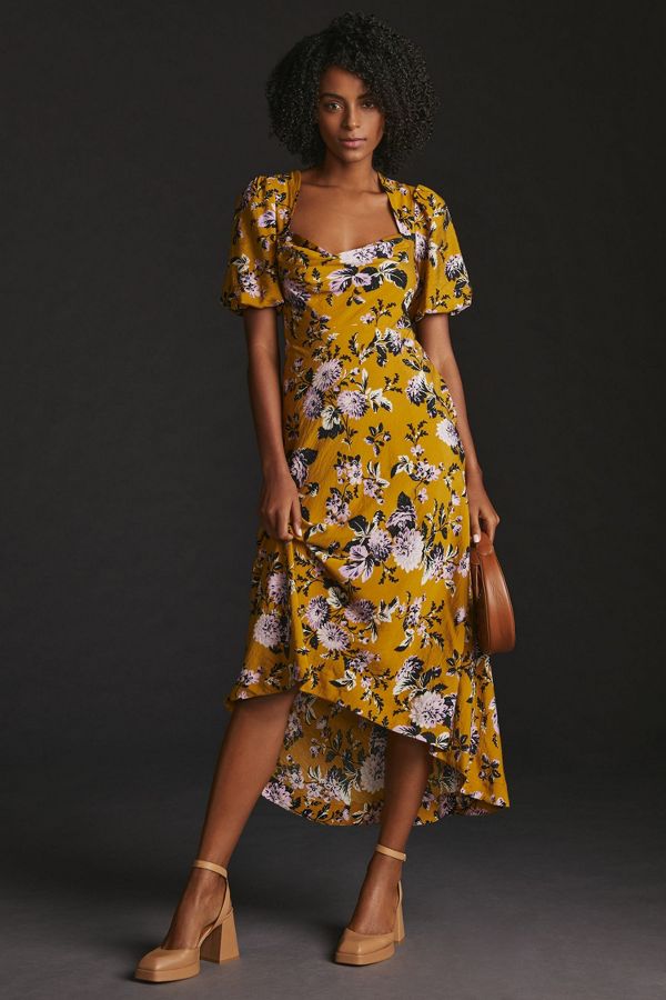 Slide View: 1: Maeve Floral Puff-Sleeve Midi Dress