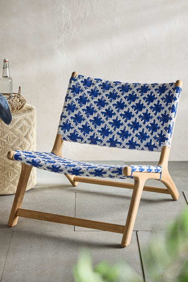 Slide View: 1: Havana Wicker + Teak Armless Chair, Blue + White