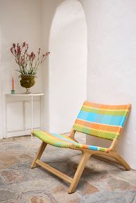 Slide View: 1: Havana Wicker + Teak Armless Chair, Colorful Plaid