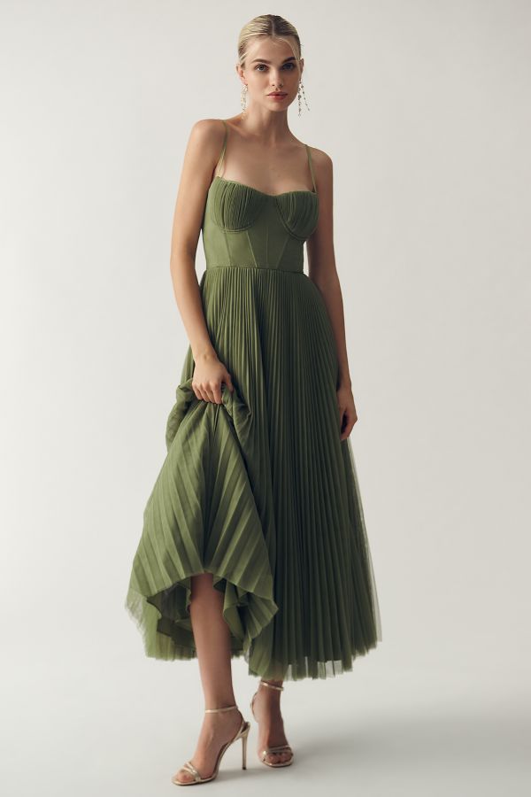 Slide View: 5: Hutch Amara Corset Pleated Tulle Fit & Flare Midi Dress