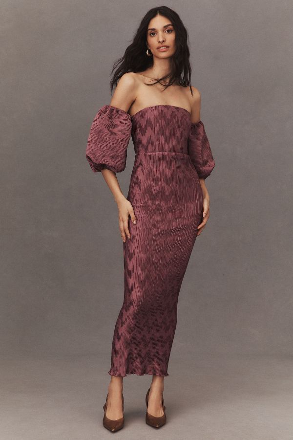 Slide View: 1: L'IDÉE Du Cap Off-The-Shoulder Puff-Sleeve Pleated Column Midi Dress