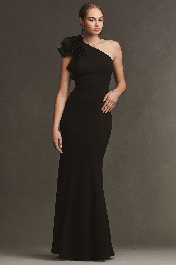 Slide View: 2: Aidan Mattox One-Shoulder Organza Ruffle Gown