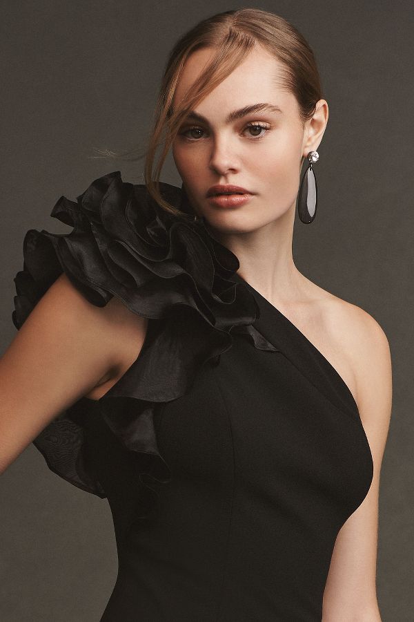 Slide View: 1: Aidan Mattox One-Shoulder Organza Ruffle Gown