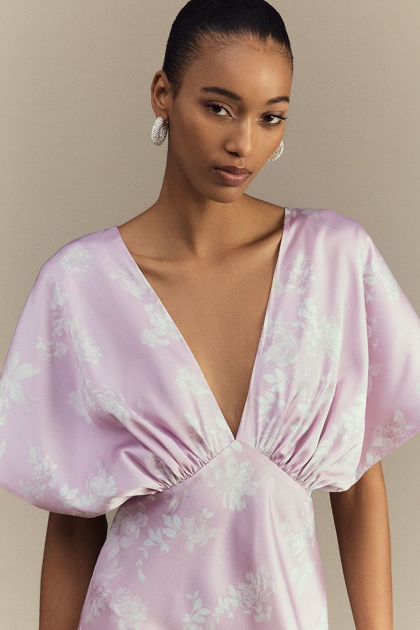 Slide View: 3: BHLDN Leila Deep-V Flutter-Sleeve Satin A-Line Gown