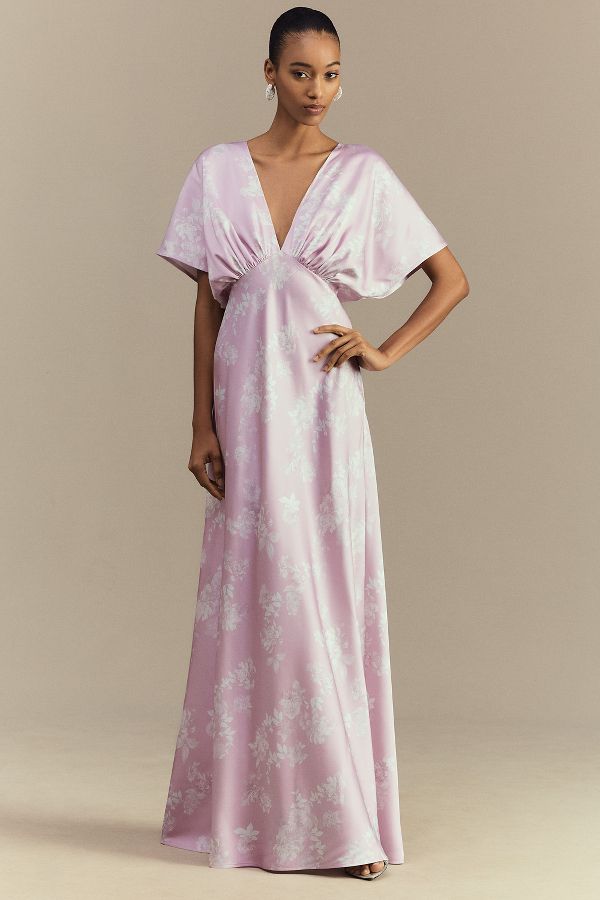 Slide View: 1: BHLDN Leila Deep-V Flutter-Sleeve Satin A-Line Gown