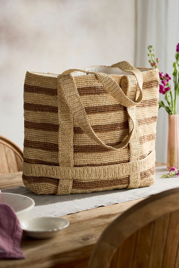 Slide View: 1: Striped Raffia Travel Tote, Natural