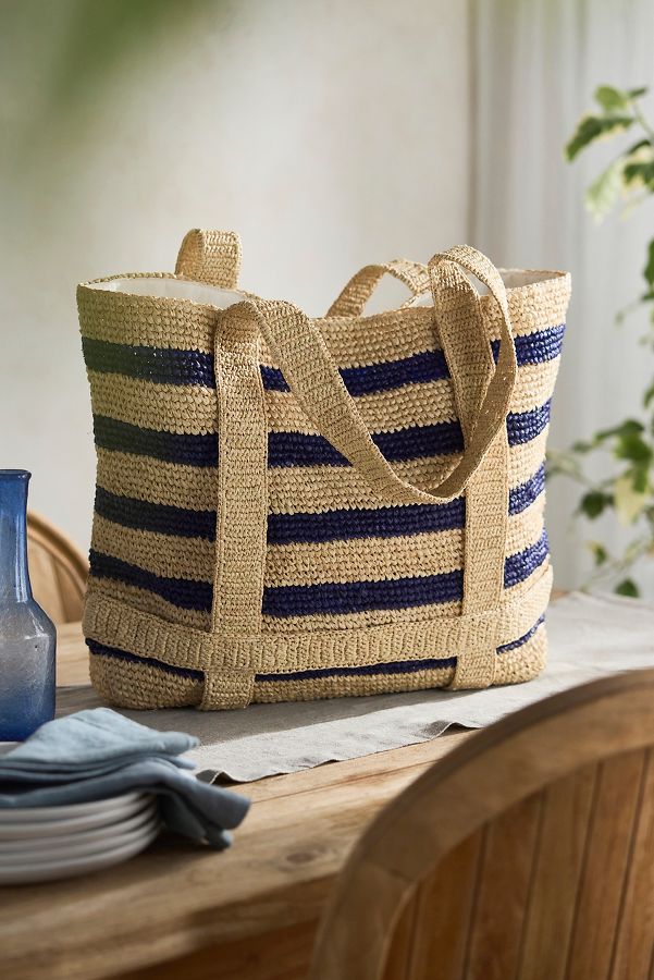 Slide View: 1: Striped Raffia Travel Tote, Navy