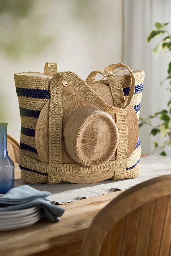 Slide View: 2: Striped Raffia Travel Tote, Navy