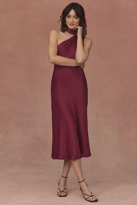 BHLDN Nicoletta One-Shoulder Scarf Satin Midi Dress