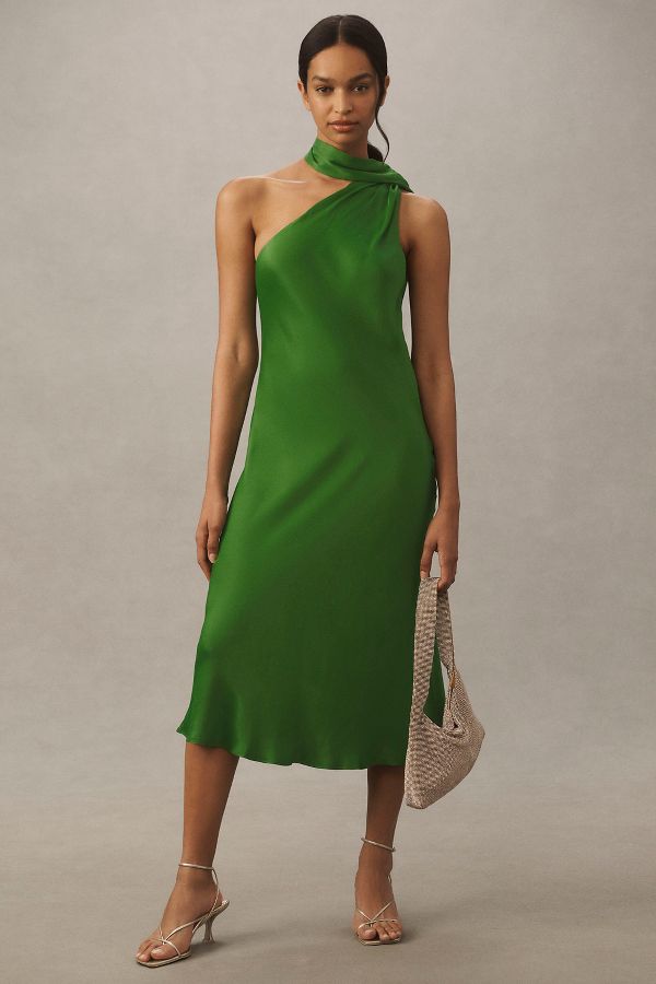 Slide View: 1: BHLDN Nicoletta One-Shoulder Scarf Satin Midi Dress